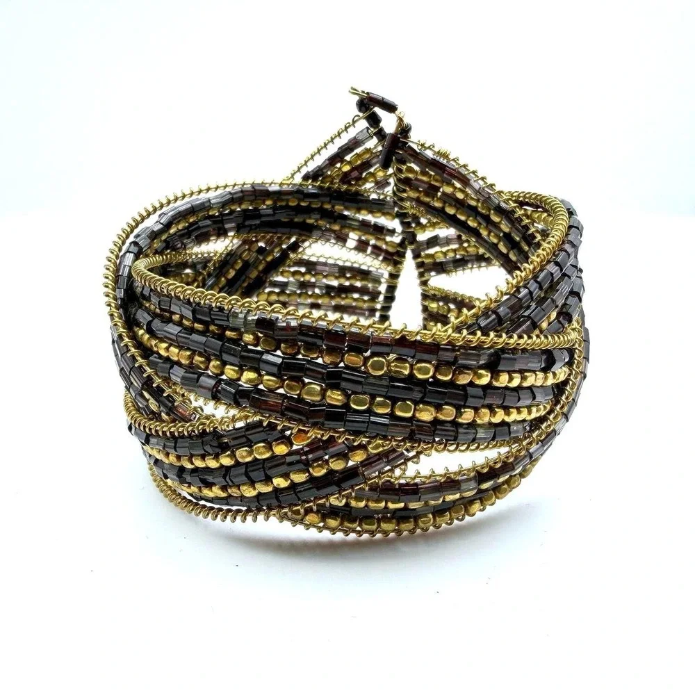 Vintage Cuff Wrap Beaded Braided Bracelet Black Gold Tone‎ Flexible Boho Unisex
